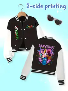 Girls Kpop Demon Hunters Korean Series Christmas Colorful Patch Stage Role Print Short Baseball Jacket, Casual Fall Winter Elastic Coat, Striped Trim Jacket