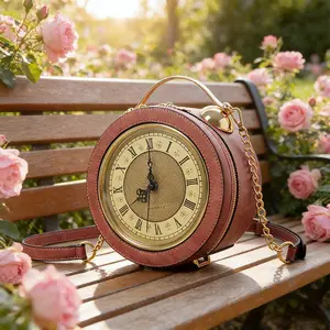 The retro Roman numeral hour face women’s crossbody bag features an intriguing zippered closed bell-shaped design, a large dial, and a black casual flip pocket