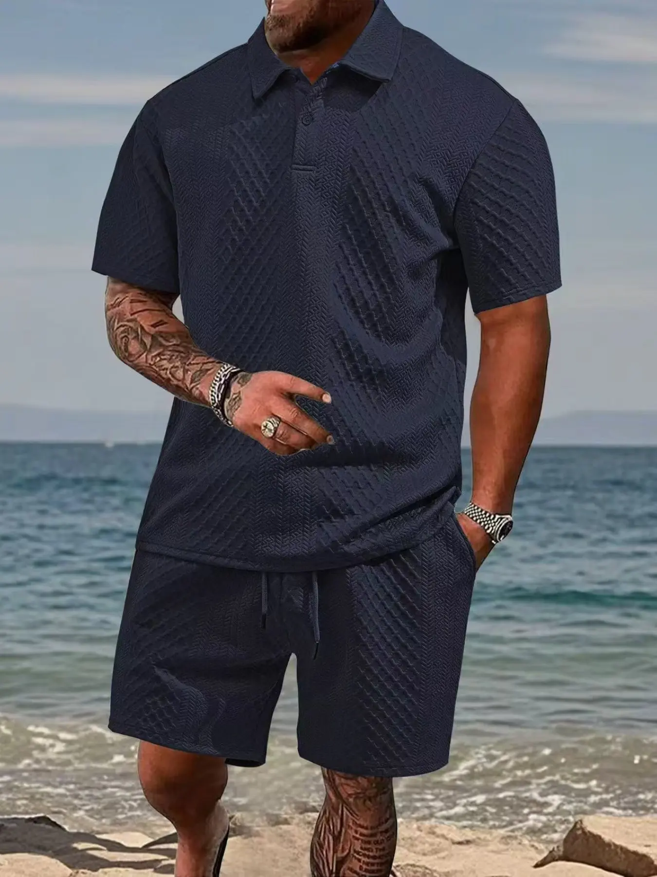 Men's Summer Tropical Casual Sporty Fitted Thin Polo Shirt Short Sleeve Set, Resort Wear Set, New Style Jacquard Fabric, Cross-Border Fashion Clothing
