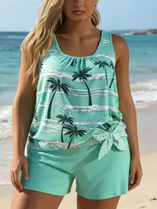 Women's Plus Size Tropical Palm Tree Print Tankini Swimsuit 2-Piece Set - Scoop Neck Sleeveless Flowy Tank Top with Side Tie Knot, Solid High Waist Tummy Control Shorts Bottom for Beach Pool Bathing Suits, Summer Vibes, Swimsuits