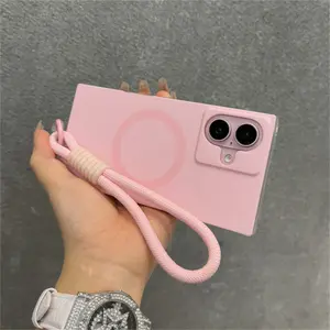 Candy Color Magnetic For Magsafe Wireless Charging Wrist Strap Phone Case For iPhone 13 14 15 16 Pro Max Square Shockproof Cover