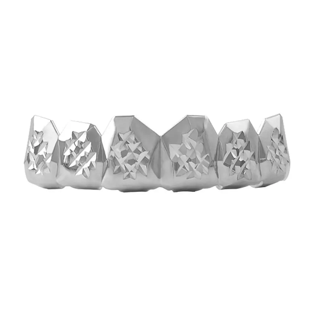 Hip Hop Grillz - Rhodium-Plated Brass Upper Teeth Metal Jewelry, Removable Diamond-Cut Mouth Decoration with Easy-to-Use Custom Fitting Silicone Mold, Cannot Be Worn Over Braces