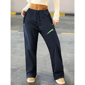 Women's Green Gradient Polyester Straight Leg Athletic Pants - Multi-Pocket, Full Zipper, Adjustable Waist, Non-Stretch Fitness Outfit | Ideal for Gym, Outdoors (Spring/Fall)