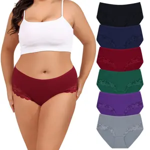 LEVAO Cotton Bikini Underwear for Women, Plus Size Lace Hipster, Stretch Cheeky Panties, Full Coverage Briefs, 6 Pack L-4XL