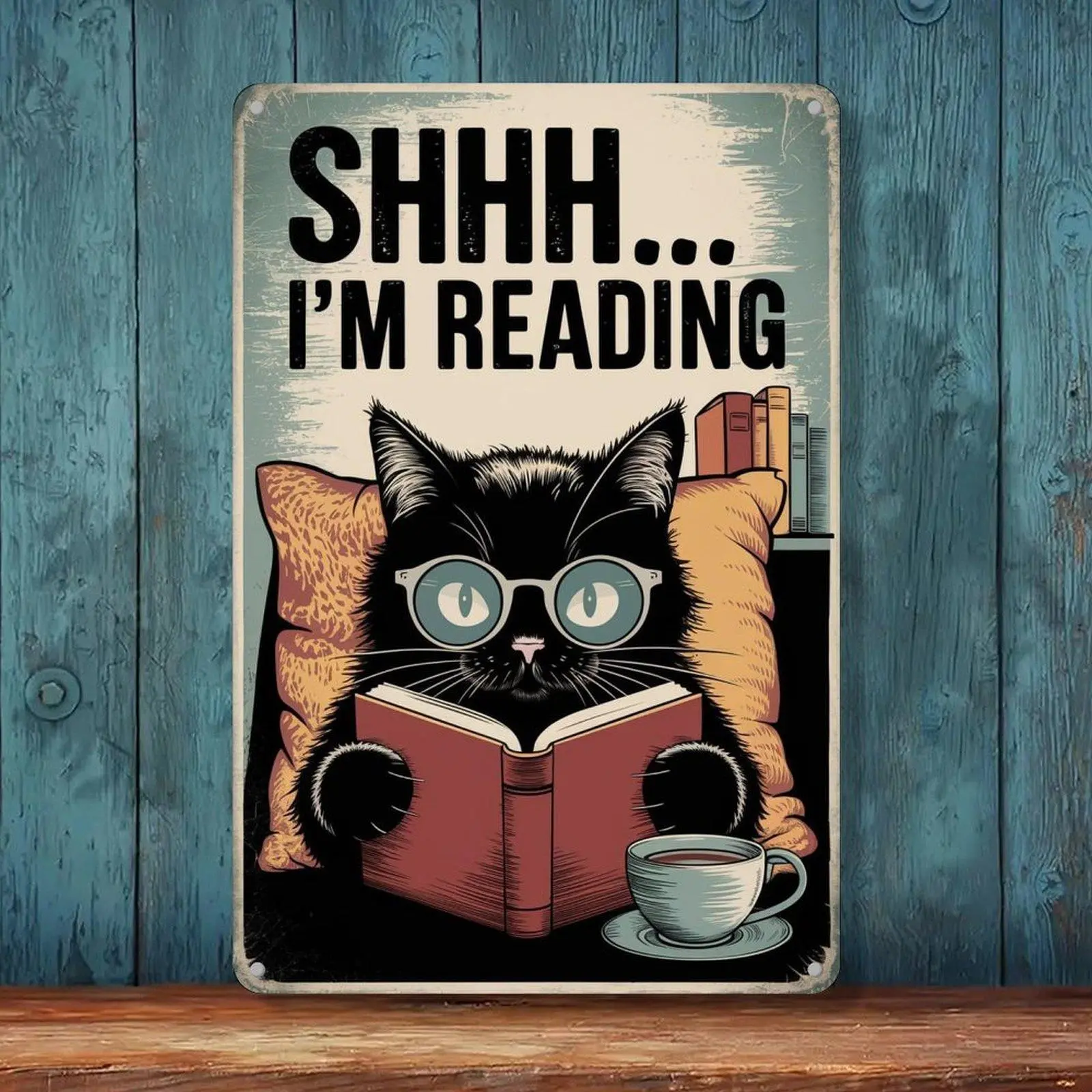 Shhh I'm Reading Black Cat Glasses Book Lover Retro Tin Sign 8x12in Reading Nook Wall Decor Metal Tin Sign