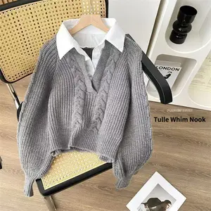 Machine-sewn Patchwork Ribbed Collar Sweater