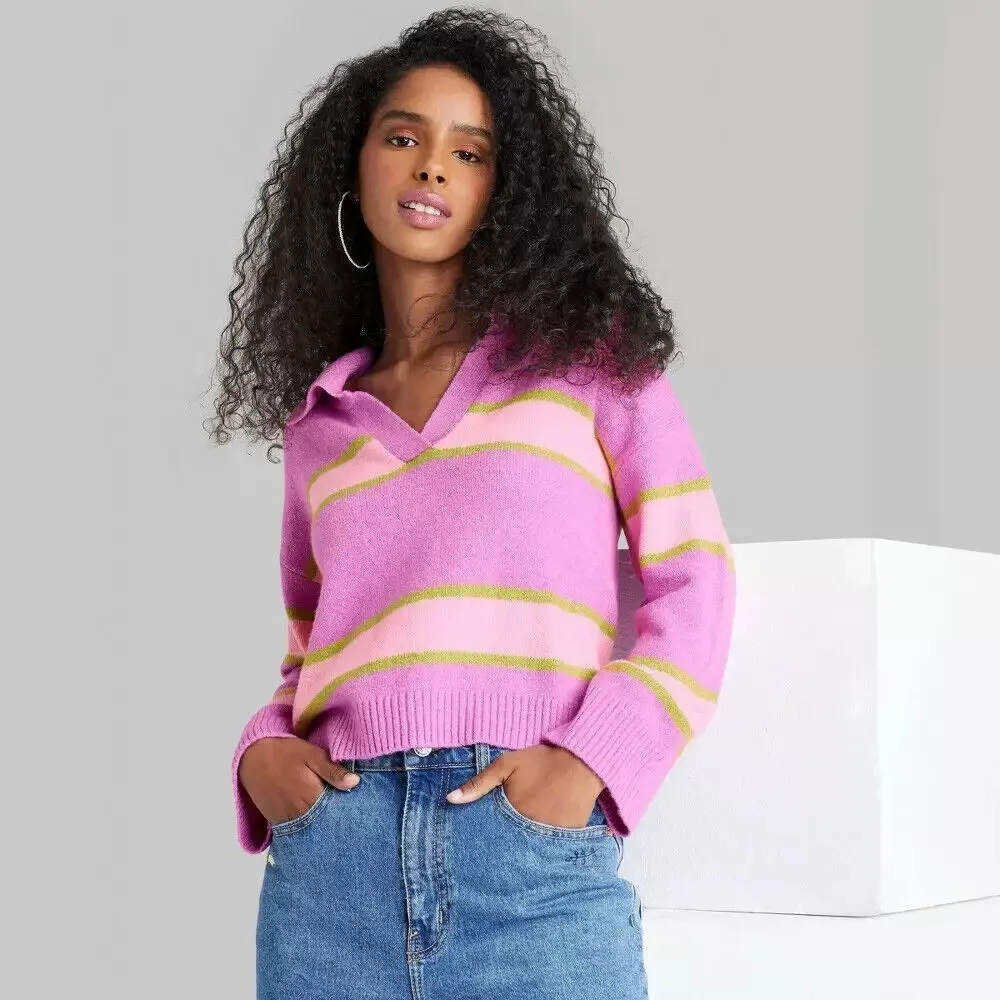 Women's Slouchy Collared Pullover Sweater - Wild Fable Purple Striped XS Knitwear Womenswear