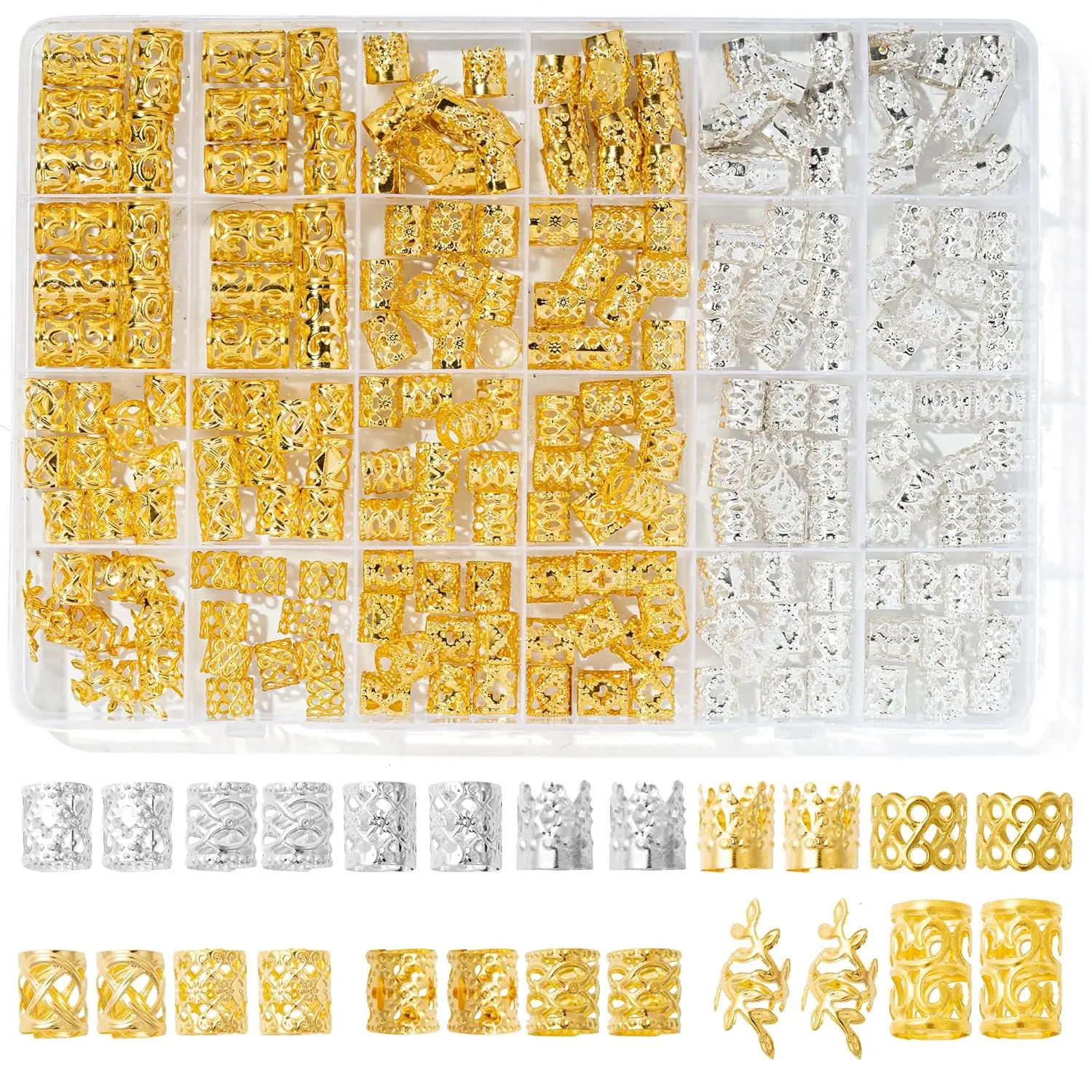 Gold & Silver Hair Braiding Jewelry Set - 220-Piece, 12 Styles Adjustable Metal Cuffs, Rings, Clips for Braids, Dreadlocks Decorations