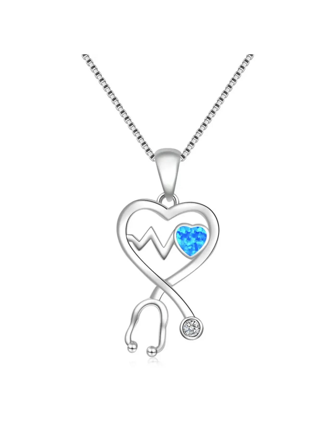 Medical Jewelry for Women,Heart Stethoscope Necklace with Blue Opal,Silver Plated Appreciation Gift, Nurse Graduation Present