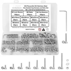 640 count Metric M3 Hex Socket  Cap Screws Assortment Kit, M3x 6/8/10/12/16/20/25/30mm Internal Hex Drive Allen  Nuts and Washers Set Kit, 304 Stainless Steel, Fully Threaded, Pitch: 0.5mm
