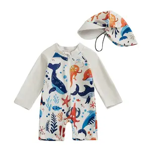 Toddler Infant Baby Boys Swimsuit Kids Rash Guard  Newborn Zipper Bathing Suit Swimwear with Hat