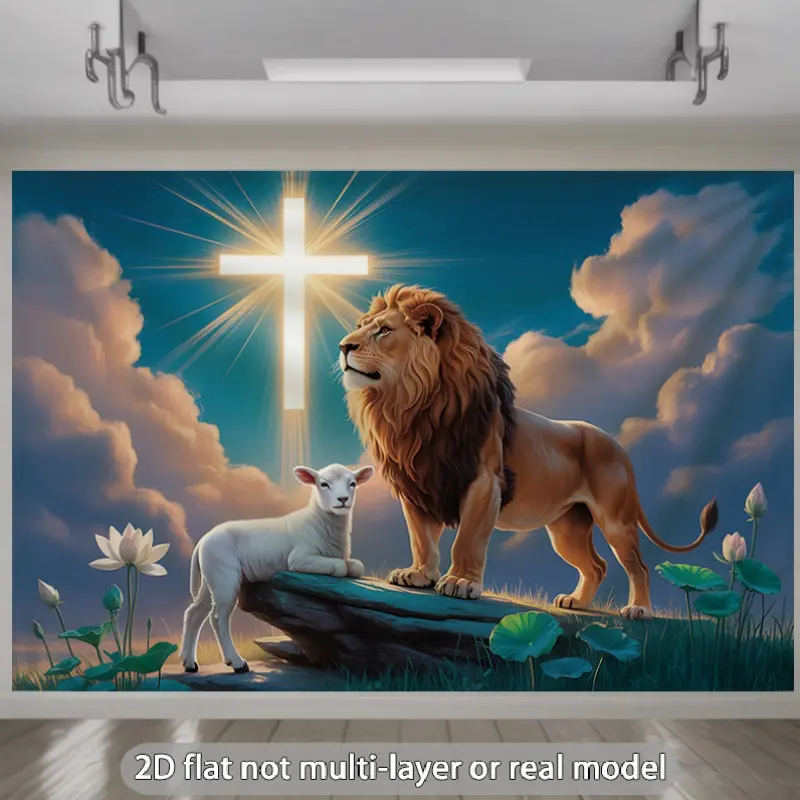 Lion and Lamb Cross Religious Tapestry - Lightweight Polyester Backdrop Banner for Christian Church Wedding Decor, Spiritual Home Room Wall Hanging, Love-Themed Table/Thanksgiving Bag Accessory, Independence Day