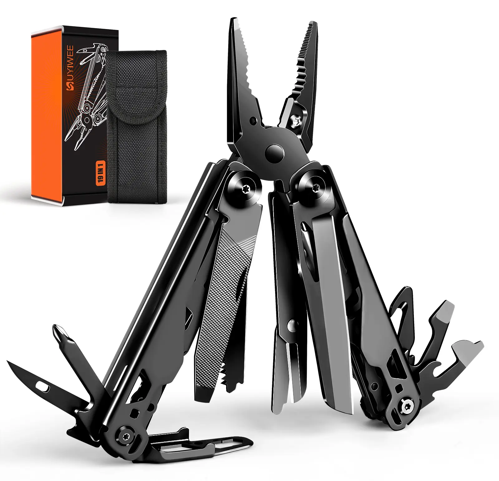 19-in-1 Multi Tool Set with 440A Stainless Steel Pliers, Nylon Sleeves, Belt Clip & Foldable Size, 19-Function Portable Hand Tool for Hiking, DIY Home Projects, Maintenance Tasks