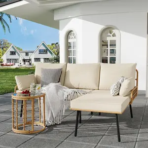 3-Piece All-Weather PE Wicker Outdoor Multi-Seater L-Shaped Sectional Sofa Lounge Set, Waterproof All-Season Cushioned Furniture with Included Coffee Table for Deck, Backyard, Patio Furniture Sets, Outdoor Patio Furniture