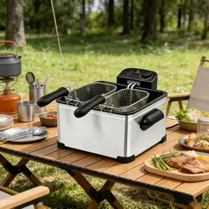 1400W 5L electric frying pan, stainless steel pot body on the countertop, very suitable for the kitchen, American standard three plug, with 3 frying baskets, adjustable temperature, and observation window cover