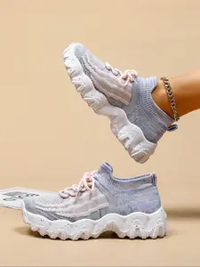 Women's Fashionable Striped Pattern Lace Up Low Top Sneakers, Breathable Running Sneakers, Casual Comfortable Sports Running Shoes, All-match Round Toe Chunky Sneakers for Daily Wear, Trainer