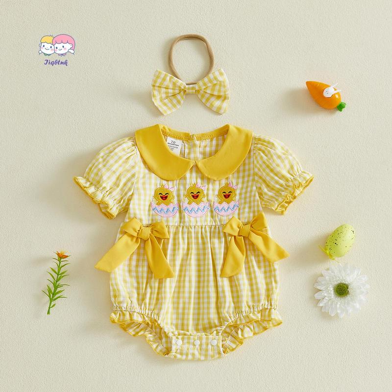 Baby Girl Easter Outfits Short Sleeve Chick Embroidery Romper with Headband Set Newborn Clothes