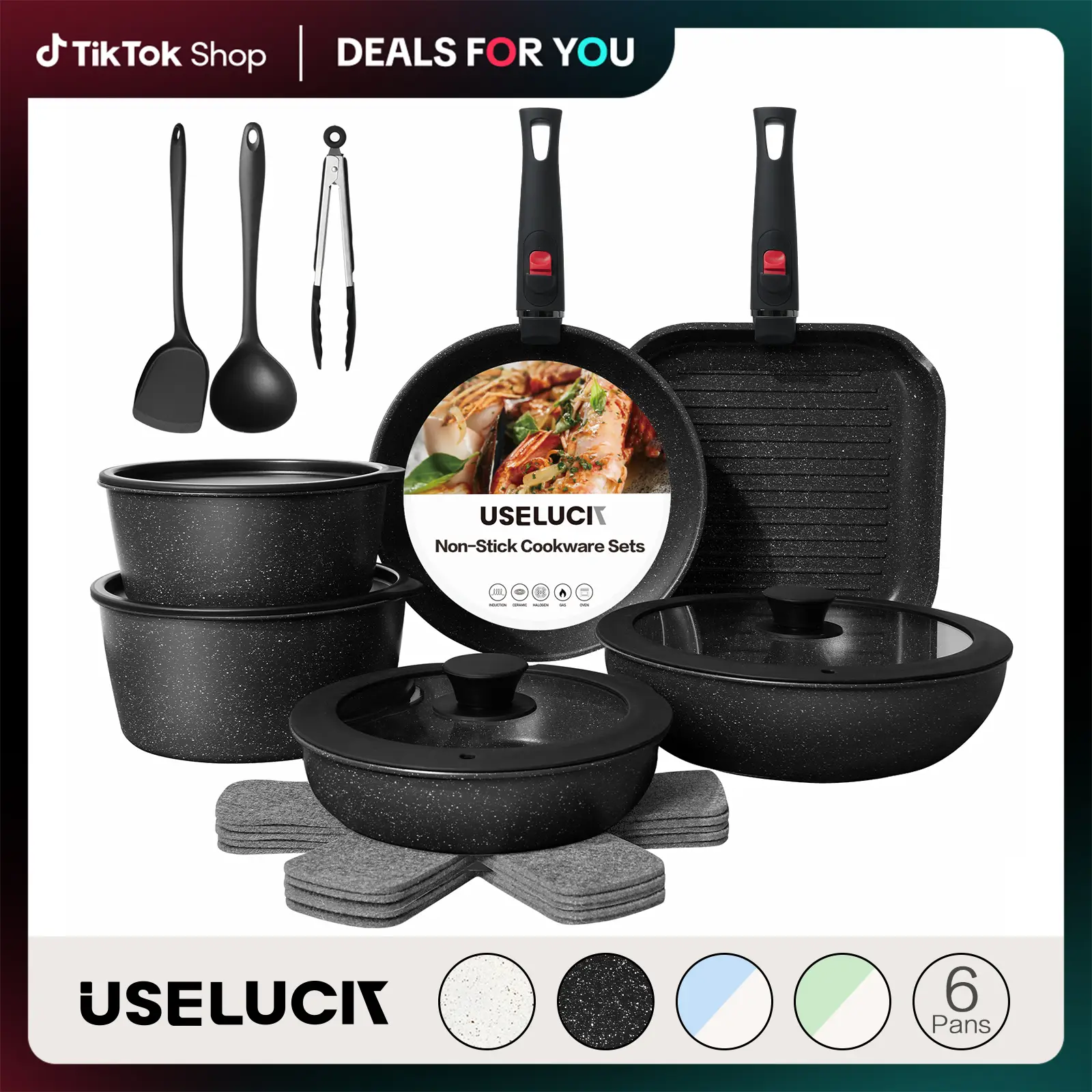 USELUCK-Camping and Baking Removable Handles, Non-Stick Cookware Sets, Essential Stackable Non-Stick Cookware Sets (Oven Safe and RV Friendly), Multip