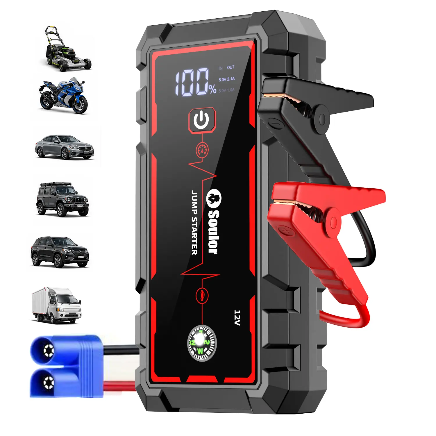 8000mAh  Car Jump Starter Portable Battery Booster – 12V Emergency Jump Starter for Cars, SUVs, Trucks & Agricultural Vehicles with LED Flashlight, Power Bank & Built-in Compass