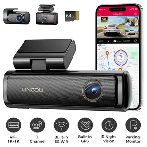 LINGDU AM100 5GHz WiFi 3 Channel Dash Cam, 4K Dual Front and Rear Dash Cam for Car with 64GB SD Card, Voice Control G-Sensor, 24H Parking Mode Night Vision, Max Up Support 256GB, Built-in GPS