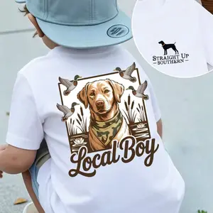 Local Boy Hunting Dog & Ducks Camo Toodler Kids Tee, Camouflage Dog Silhouette Pattern Southern Boy Bodysuit Tshirt / Country Boy Shirt / South shirt, Hunting Season Toddler Shirt, Chocolate Lab Dog Mallard Tee