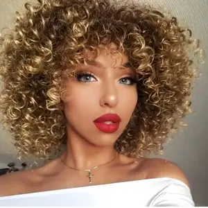 Brown to Blonde Ombre Small Bouncy Fluffy Curly Wig with Bangs For Women Synthetic Heat-Resistant Ideal for Daily Wear And Beginner-Friendly