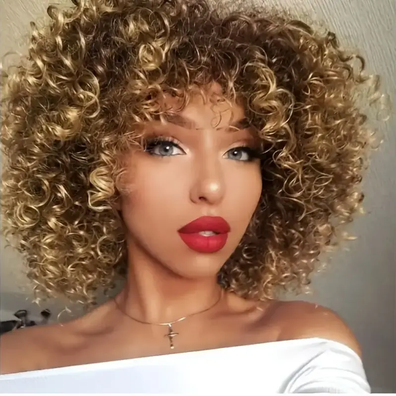 Women's Brown-to-Blonde Ombre Synthetic Full Machine Wig - Small, Bouncy Loose Curly, With Bangs, Heat-Resistant, Beginner-Friendly, Fluffy, Female, Ideal for Daily Wear