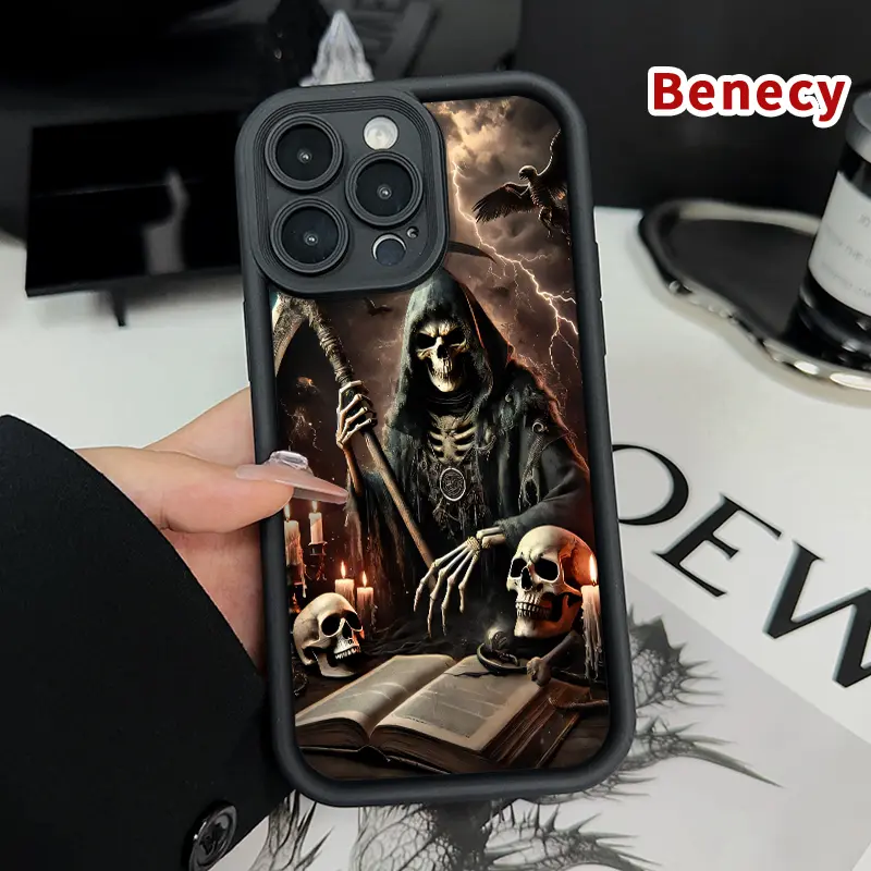 TPU Phone Case for iPhone 15 16 14 Pro Max 13 12 11 XR XS Plus E Grim Reaper Pattern Drop Protection Shockproof Soft Silicone Smartphone Cover Casing