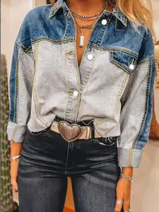 KCGH Plus Size Dusk Blue Patchwork Denim Fitted Jacket Coats Women Distressed Flap Detail Long Sleeve Multi-Element Vintage Casual Fall Outerwear