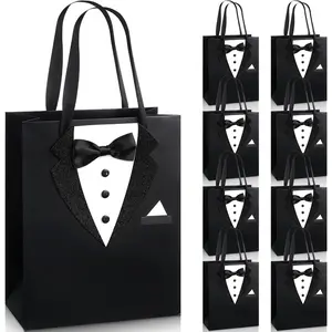 8 Pcs Groomsmen Gift Bags with 3D Tuxedo Design 8 x 4.5 x 10 Inch with Handle Groomsmen Paper Gift Bags for Wedding Bachelor Birthday Party Favor Anniversary Supplies (Black)