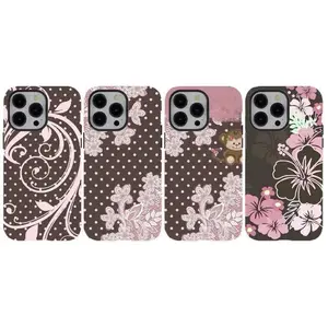 [No Magnetic] Brown Pink Preppy Phone Cover,Tropical Hibiscus IPhone Case,Durable Dual-Layer design nostalgia phone casing for iPhone 17 16 15 14 13 12 11 for Samsung  S21–S26 Ultra, Series,Aesthetic vintage phone Cover,Shockproof Protective Cover,