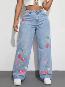 Jeanius Women's High Waist Wide Leg Denim Jeans, Medium Stretch Light Wash, Watercolor Cherry & Bow Print, Sweet Casual Daily Semi Baggy Jeans