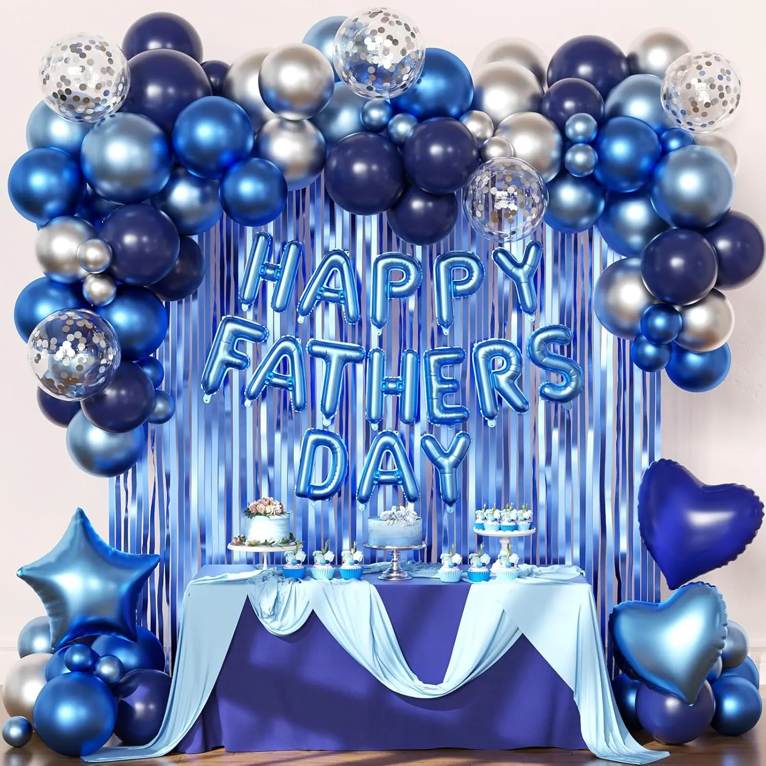 Happy Fathers Day Decorations, Metallic Blue Dark Blue Silver Foil Confetti Balloons Blue Fringe Curtains Banner for Father's Day Party Decorations