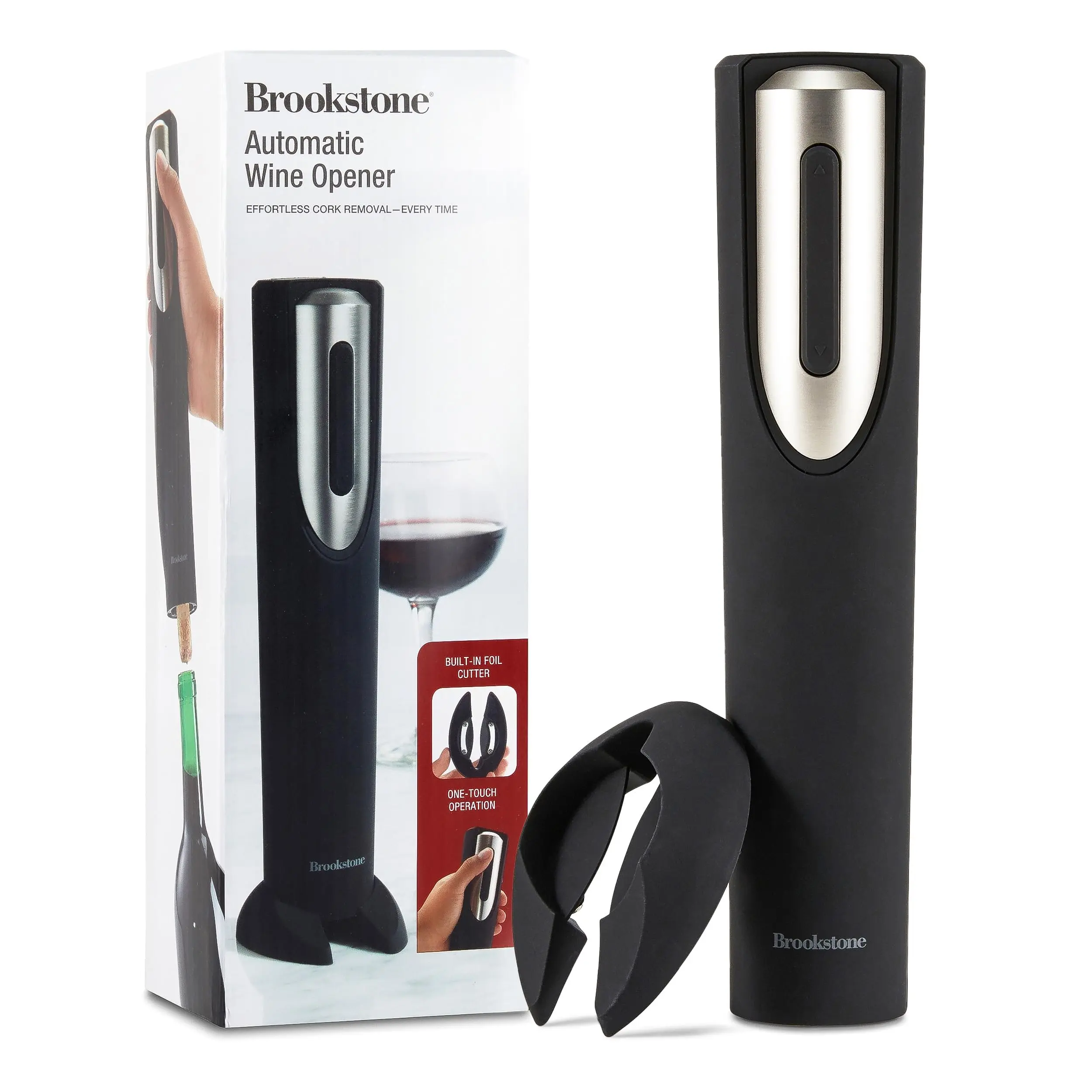 Brookstone Electric Wine Opener & Foil Cutter with Stand Automatic Battery Operated Corkscrew for Glass & Stainless Steel Kitchen Modern Utensils Wine Gifts for Men