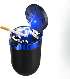 Car Ashtray with Lid, Detachable Stainless Smokeless Auto Ashtray, Portable Mini Vehicle Trash Can with LED Blue Light, Universal Interior Accessories