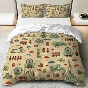 3PCS Duvet Cover Set, 1 Duvet+2 Pillowcases(Without filler), London British Iconic Vintage Retro Tourism Culture theme, Christmas bedding set, London Eye Big Ben Castle Bus Suitable for decoration bedroom living room guest room study.