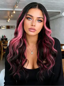Pink Highlight Black Lace Front Wig 28" Loose Wavy Heat-Resistant Synthetic Hair Pre-Plucked Hairline 13x4 HD Transparent Lace Free Part for Women Party & Daily Use