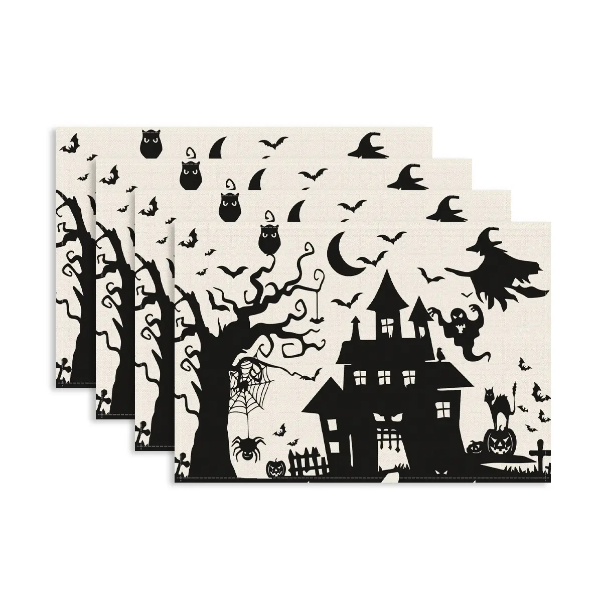 4/6pcs Happy Halloween Table Placemats Set, Household Placemat, Halloween Pumpkin Bat Black Cat Pattern Mat, Halloween Night Party Table Decoration Mat, Halloween Spider Web Mat, Table Decoration Napkins, Plate Mat, Home Decoration, Gifts
