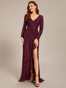 Ever-Pretty Spring Evening dress,Sequin Long Sleeve V-neck Asymmetrical Hem Evening Dress Bodycon Party Dress , 50146