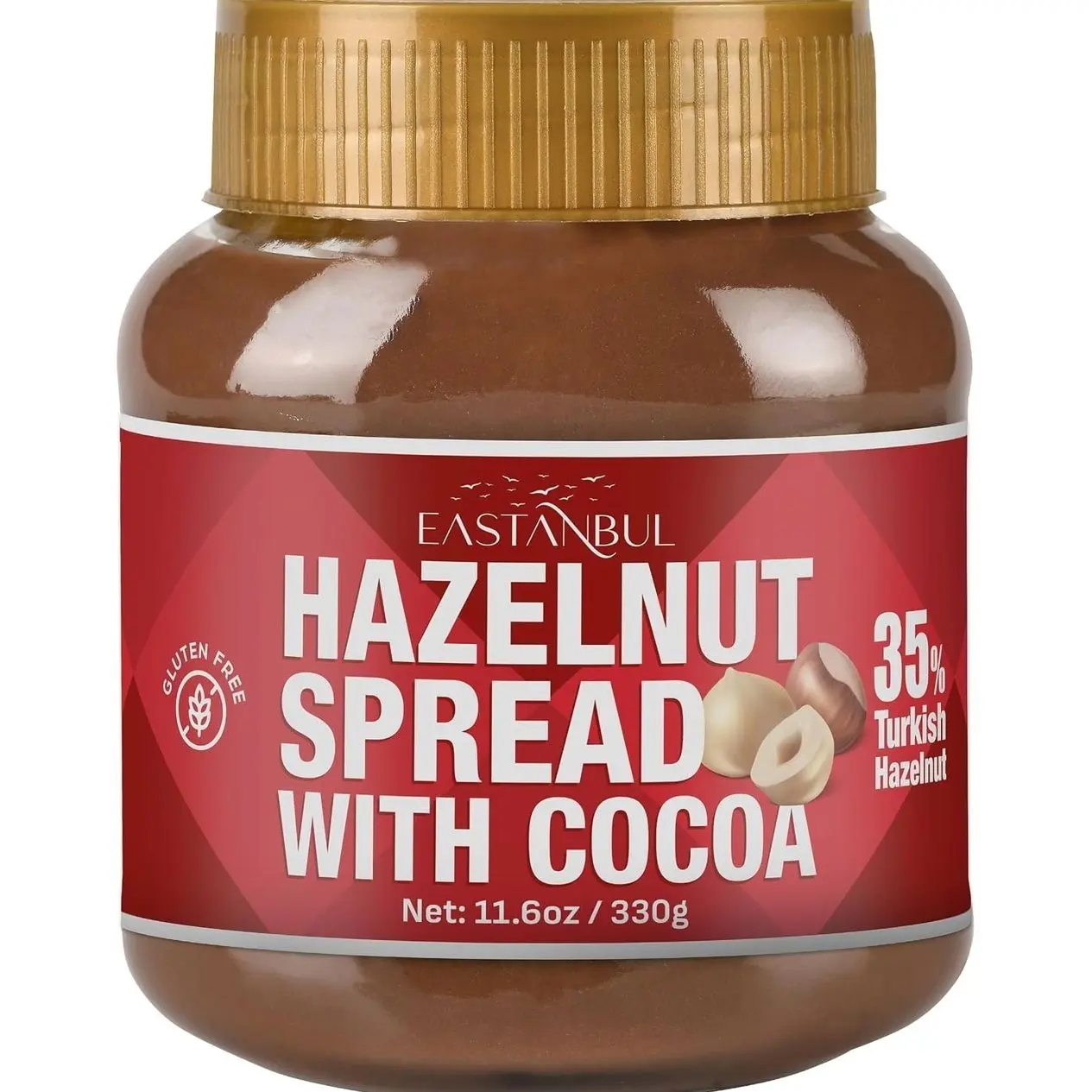 Eastanbul Cocoa Hazelnut Spread, 11.6oz, Chocolate Hazelnut Spread, No Palm Oil, Rich & Creamy 35% Nuts, Gluten-Free, Low Sugar, All Natural Ingredients, No Additives