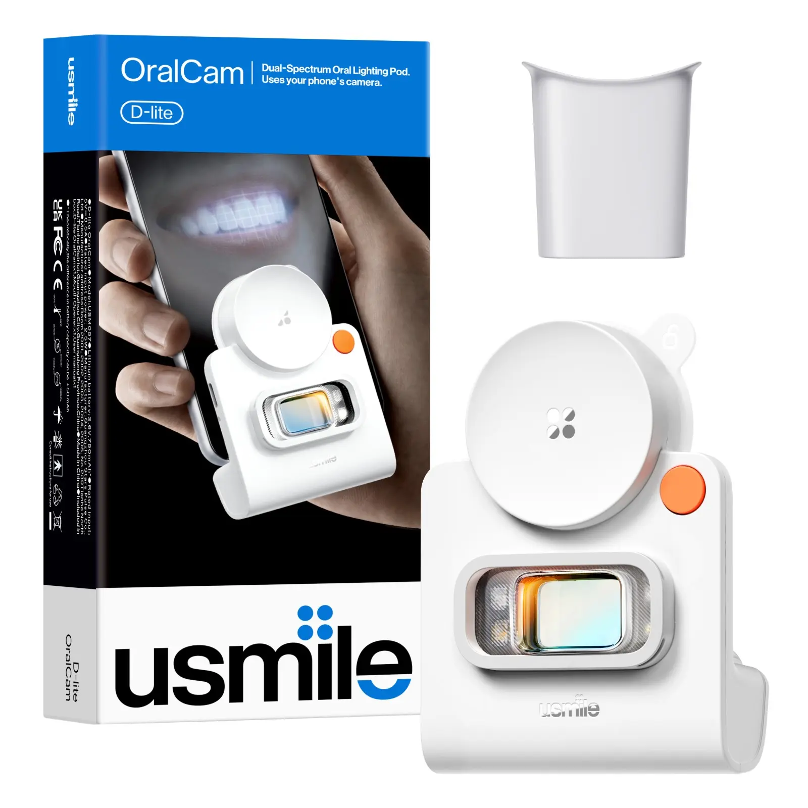 [New] usmile D lite OralCam -Dual-Spectrum Oral Lighting Pod, Compare visible, Fluorescence-Powered Plaque Revealing, Three-Dimension Oral Care Scores, Visible Plaque Areas, Optical Close-Up Lens, Clearer Full-Mouth Check-In 90-Day Battery Life