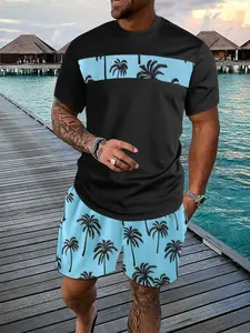 Men's Black-Base Light Blue Palm Tree, Tropical Contrast, Casual Home Loungewear Pyjamas Set, Pajamas - Short-Sleeve T-Shirt + Light Blue Full-Palm Drawstring Shorts, Ultra-Soft Breathable Fabric, Relaxed Home Fit, Ideal for Lazy Weekend Lounging