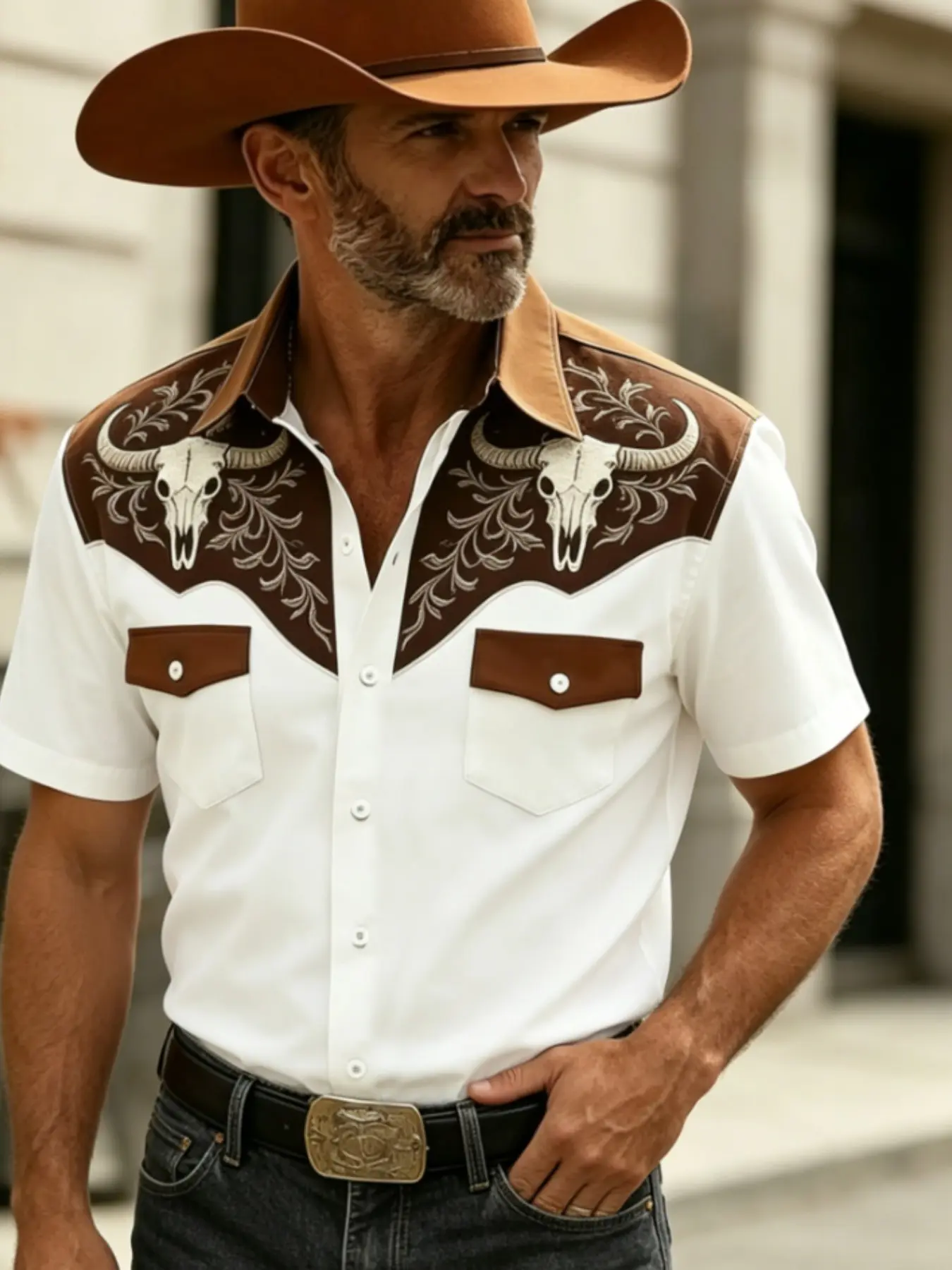 American Western Bull Print Retro Vintage Classic Short Sleeve Button Up Front Shirt, Men's Fashion Casual Slim-Fit Workwear Top, Two Pockets, Solid Pattern, Mainland China, Menswear, Casual Fitted Shirt