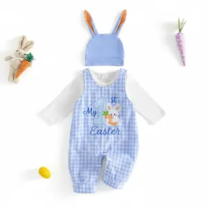Easter First Easter Outfit Solid Long Sleeve Romper Plaid Overall Pants and Bunny Ears Hat 3 Piece Spring Set Day Outfits Long Sleeve Solid Color Romper + Overalls + Hat Set Newborn