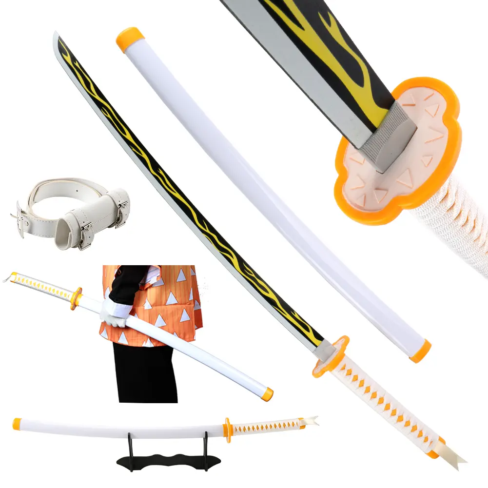 ELERVINO 41-in Bamboo Wooden Agatsuma Zenitsu Demon Slayer Cosplay Sword - 1.1 lb Plastic Scabbard, White Belt, Holder Stand, Easy Handling, for Halloween Role-Playing, Collection Decoration, Birthday Christmas New Year Gift, Role-Playing Props, Birthday,