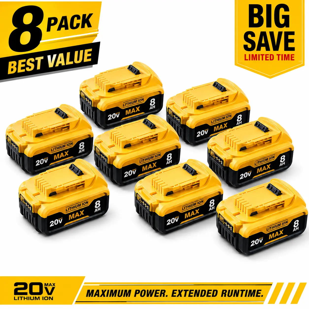 20V MAX 8.0Ah Lithium-Ion Replacement Batteries for Dewalt 20V Cordless Tools (4-Pack/8-Pack), Upgraded High-Capacity 8000mAh Unit with 3-LED Gauge, Impact Resistant, Slip-Free Lock, Compatible with DCB206,205,204,200 Series High Draw Tools