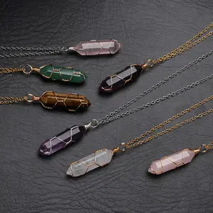 Hexagonal Natural Stone Pendant Necklace for Women Men Wire Wrap Bullet Crystal Necklace Amethyst Pink Quartz Fashion Jewelry