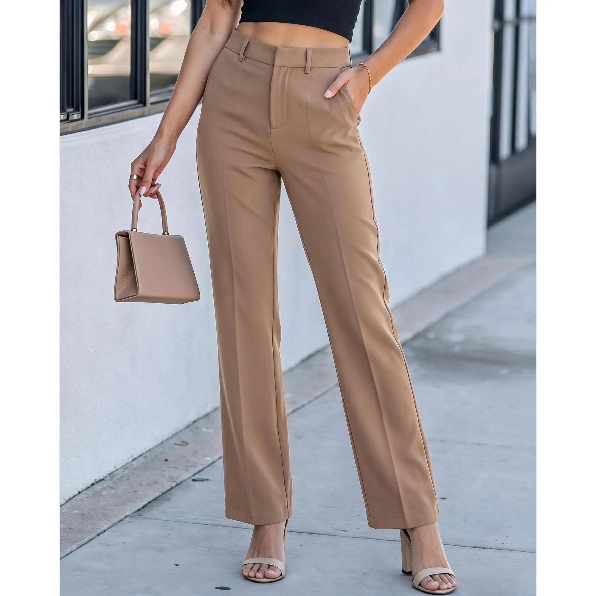 GRAPENT Women's High-Rise Relaxed Straight Leg Polyester Blend Business Casual Slacks with Elastic Waist and Pockets, High-Rise Relaxed Straight Pants, Minimalist, Bottoms, Basic, Office Work Clothes, Bottom, Pants For Women, Dress Pants backtoschool