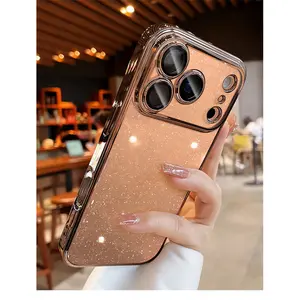 JONEHEN Luxury Transparent Glitter Slim Case for iPhone 12-17 Pro Max Orange Bumper Lens Glass Hard Cover Shockproof Desert Gold Casing Protective Smartphone Cellphone Screen Protector - Protection