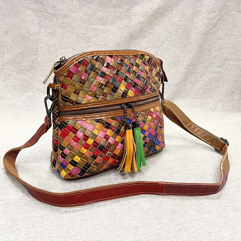 Colorful Genuine Genuine Leather Woven Crossbody Bag with Adjustable Strap & Tassel Detail – Retro Style Handbag, Crossbody Purse river island bags